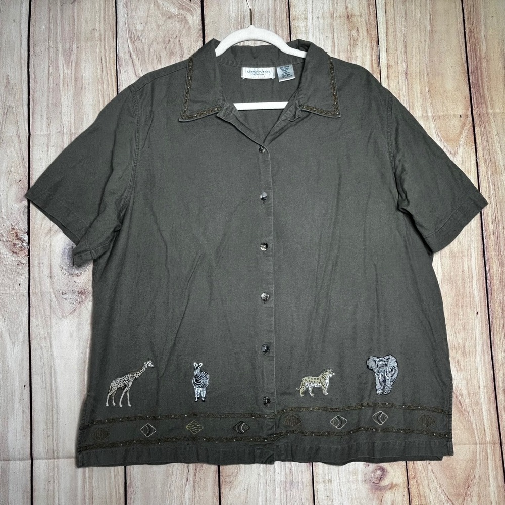Lemon Grass Button Down Shirt Womens 18/20 Green Safari Animal Linen Blend‎ Boho